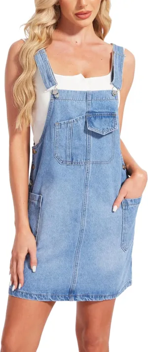 MISS MOLY Women's Vintage Denim Overall Dress with Pockets,Classic Adjustable Straps Sleeveless Casual Mini Dress