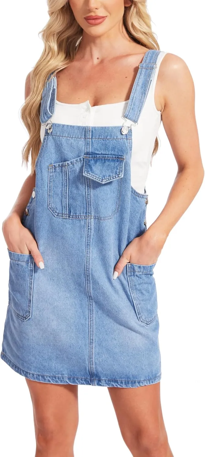 MISS MOLY Women's Vintage Denim Overall Dress with Pockets,Classic Adjustable Straps Sleeveless Casual Mini Dress