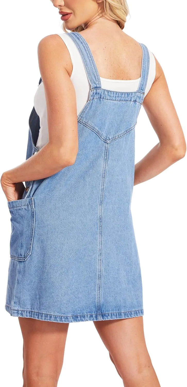 MISS MOLY Women's Vintage Denim Overall Dress with Pockets,Classic Adjustable Straps Sleeveless Casual Mini Dress