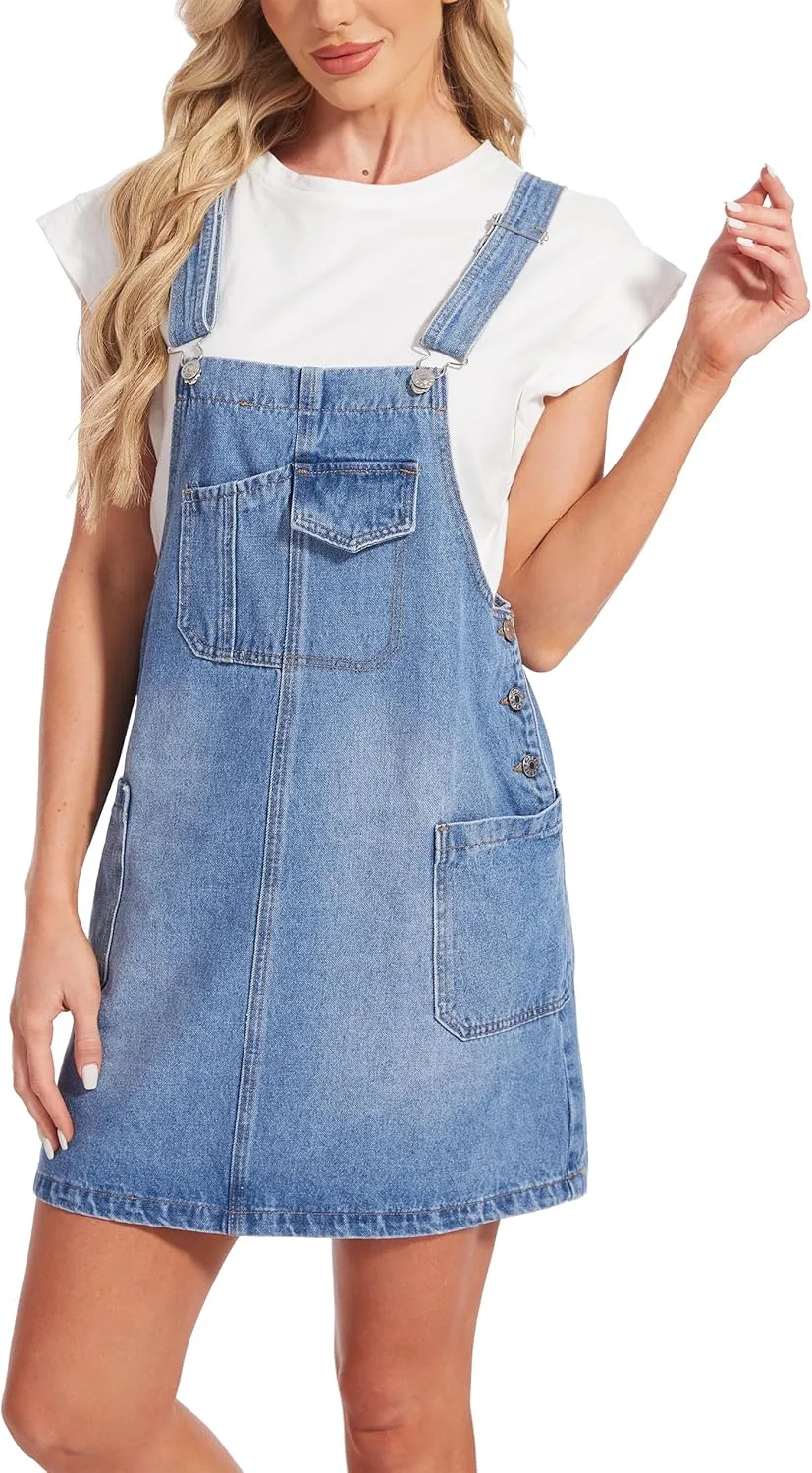 MISS MOLY Women's Vintage Denim Overall Dress with Pockets,Classic Adjustable Straps Sleeveless Casual Mini Dress