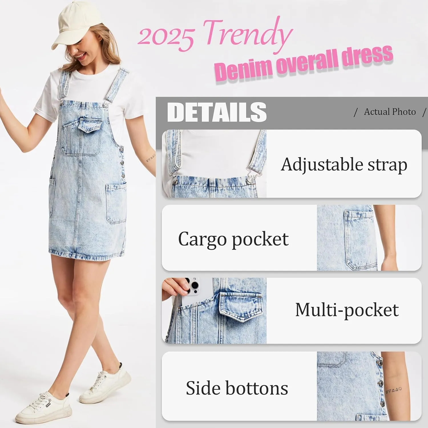 MISS MOLY Women's Vintage Denim Overall Dress with Pockets,Classic Adjustable Straps Sleeveless Casual Mini Dress