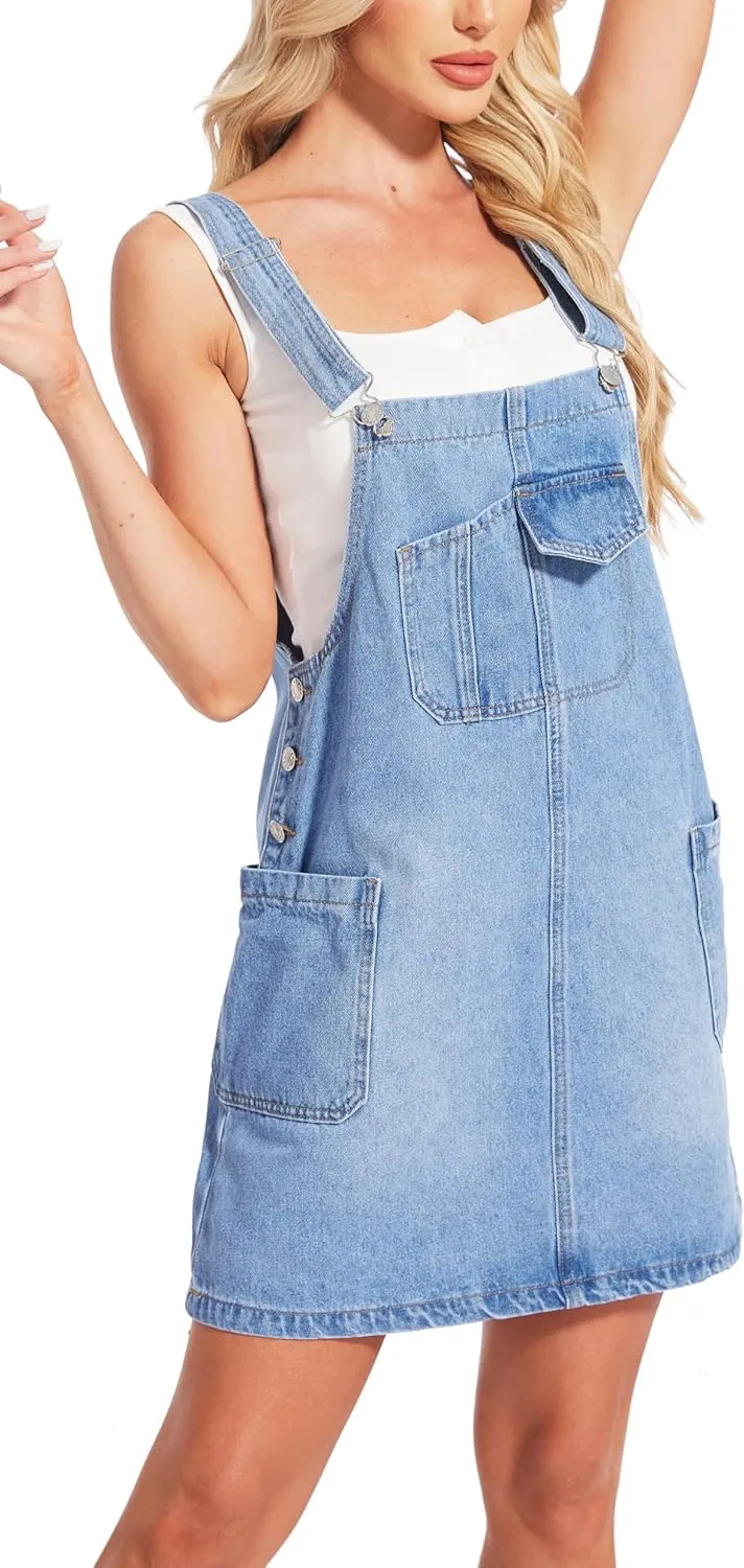 MISS MOLY Women's Vintage Denim Overall Dress with Pockets,Classic Adjustable Straps Sleeveless Casual Mini Dress