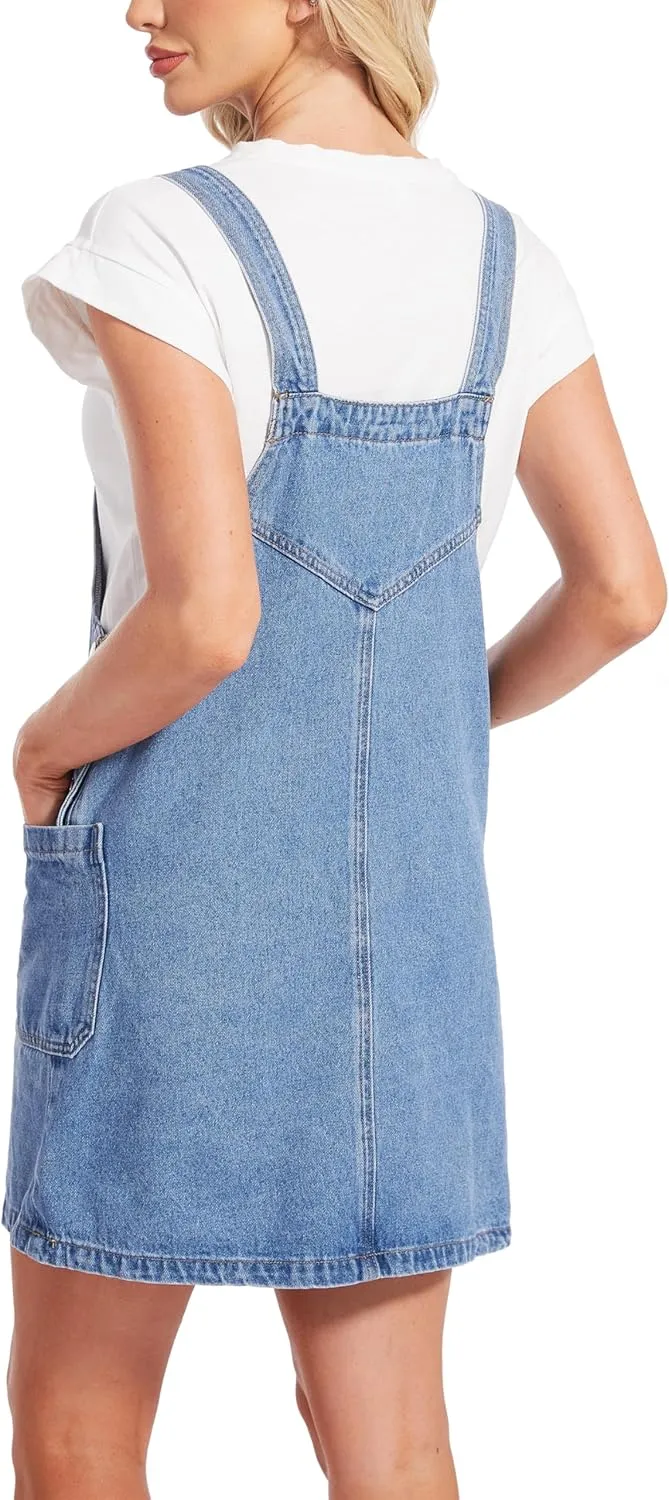 MISS MOLY Women's Vintage Denim Overall Dress with Pockets,Classic Adjustable Straps Sleeveless Casual Mini Dress