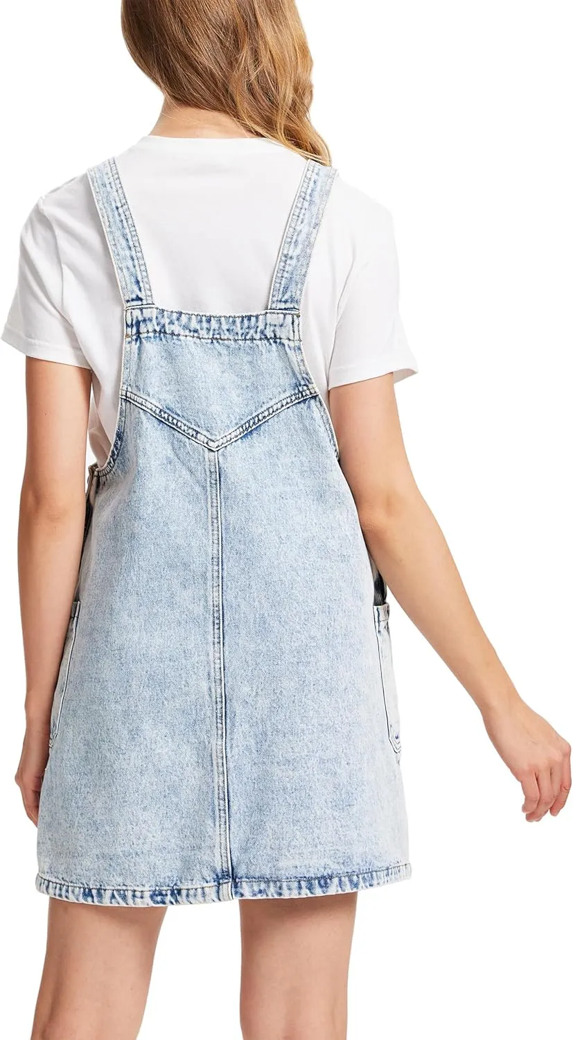 MISS MOLY Women's Vintage Denim Overall Dress with Pockets,Classic Adjustable Straps Sleeveless Casual Mini Dress