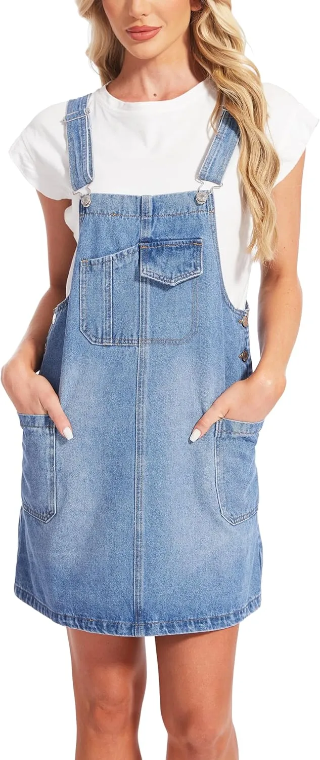 MISS MOLY Women's Vintage Denim Overall Dress with Pockets,Classic Adjustable Straps Sleeveless Casual Mini Dress