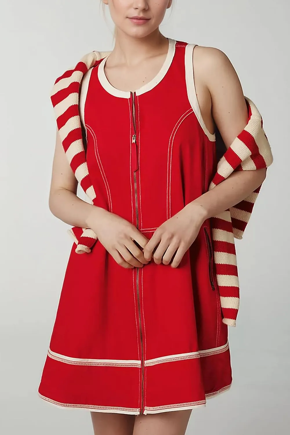 MISSACTIVER Women Zipper Front Sleeveless Mini Dress Summer Contrast Trim A Line Tank Short Dresses with Pockets