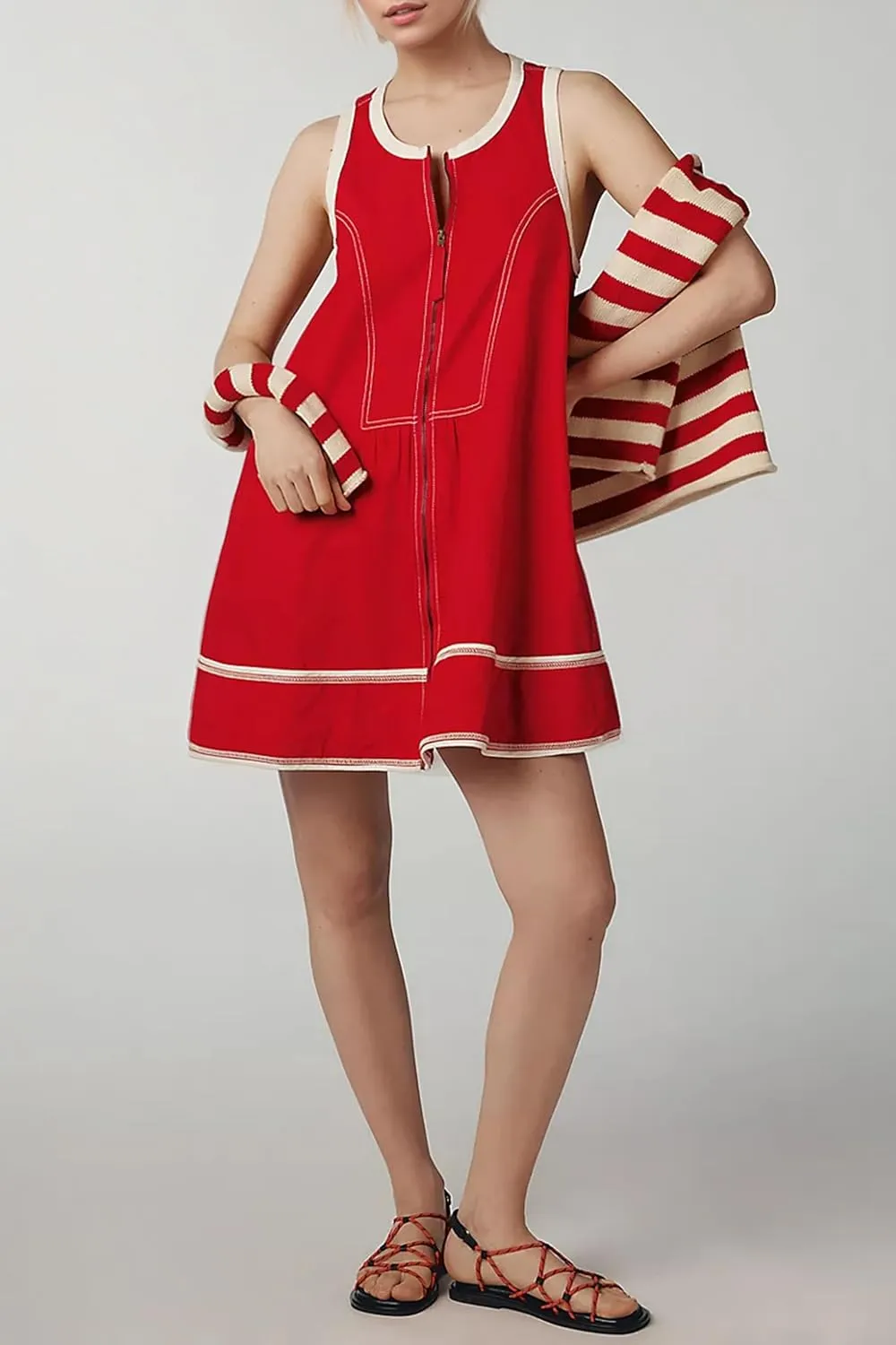 MISSACTIVER Women Zipper Front Sleeveless Mini Dress Summer Contrast Trim A Line Tank Short Dresses with Pockets