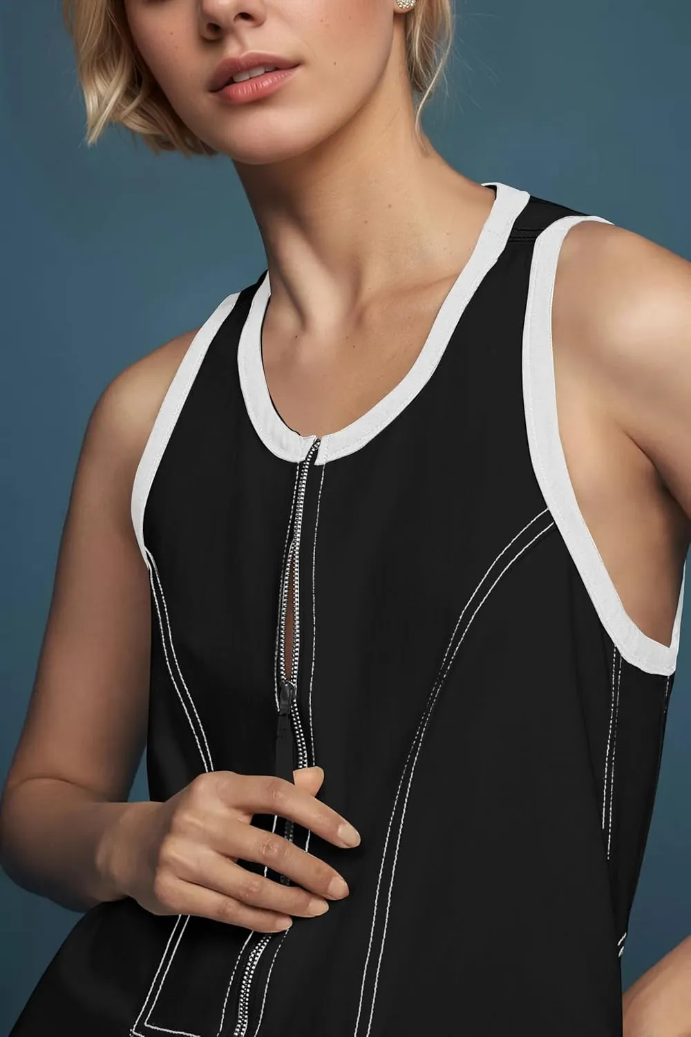 MISSACTIVER Women Zipper Front Sleeveless Mini Dress Summer Contrast Trim A Line Tank Short Dresses with Pockets