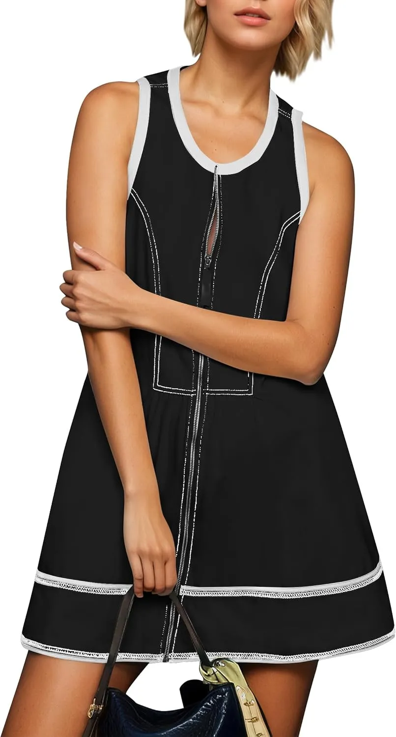 MISSACTIVER Women Zipper Front Sleeveless Mini Dress Summer Contrast Trim A Line Tank Short Dresses with Pockets