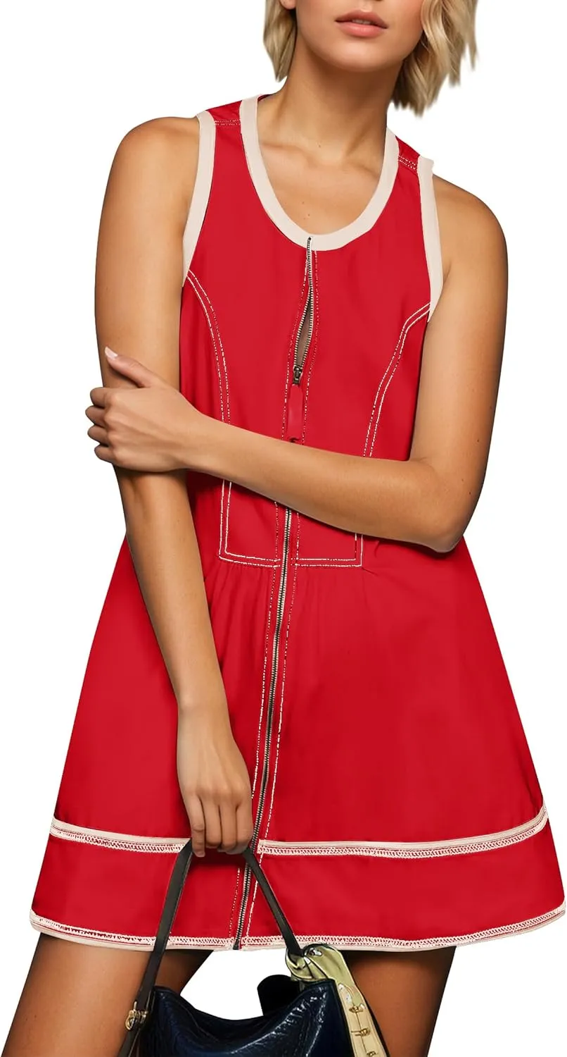 MISSACTIVER Women Zipper Front Sleeveless Mini Dress Summer Contrast Trim A Line Tank Short Dresses with Pockets