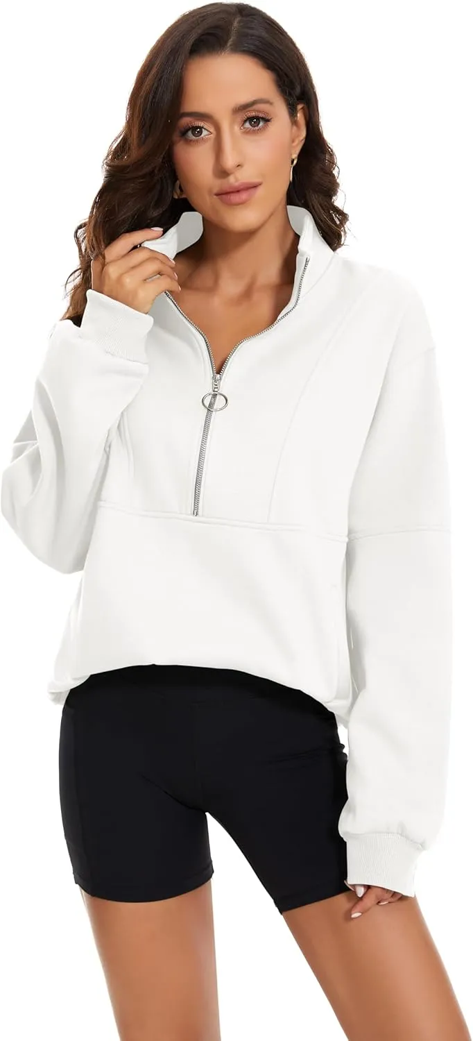 MISSACTIVER Womens Oversized Half Zip Sweatshirt Quarter 1/4 Zipper Long Sleeve Drop Shoulder Pocket Pullover Jacket Tops