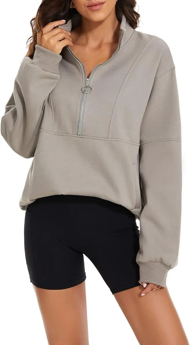 MISSACTIVER Womens Oversized Half Zip Sweatshirt Quarter 1/4 Zipper Long Sleeve Drop Shoulder Pocket Pullover Jacket Tops