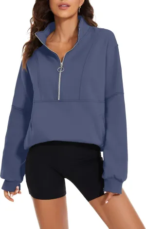 MISSACTIVER Womens Oversized Half Zip Sweatshirt Quarter 1/4 Zipper Long Sleeve Drop Shoulder Pocket Pullover Jacket Tops