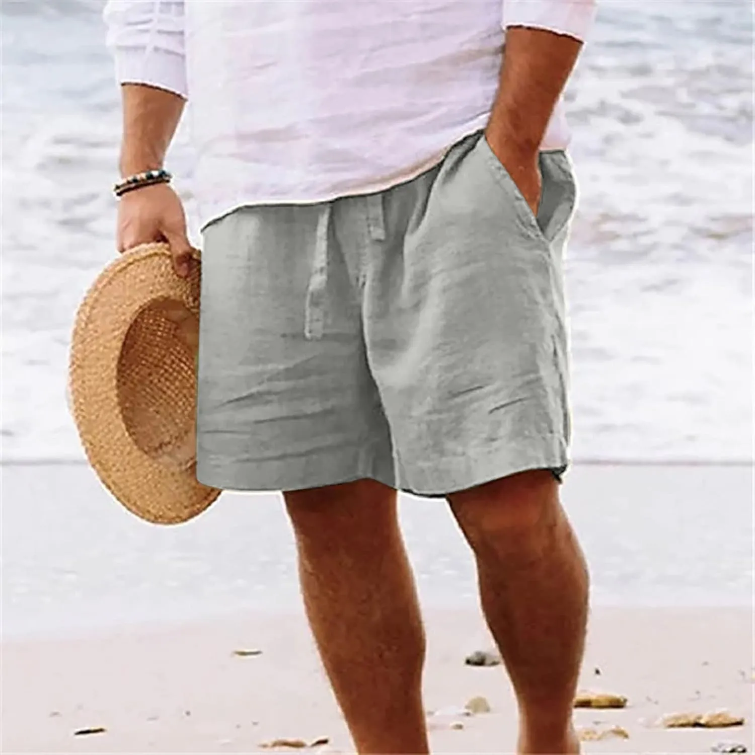 Muscularfit Men's Big & Tall Casual Drawstring Cotton Linen Shorts with Pockets - Regular Fit Stretch Work & Beach Shorts