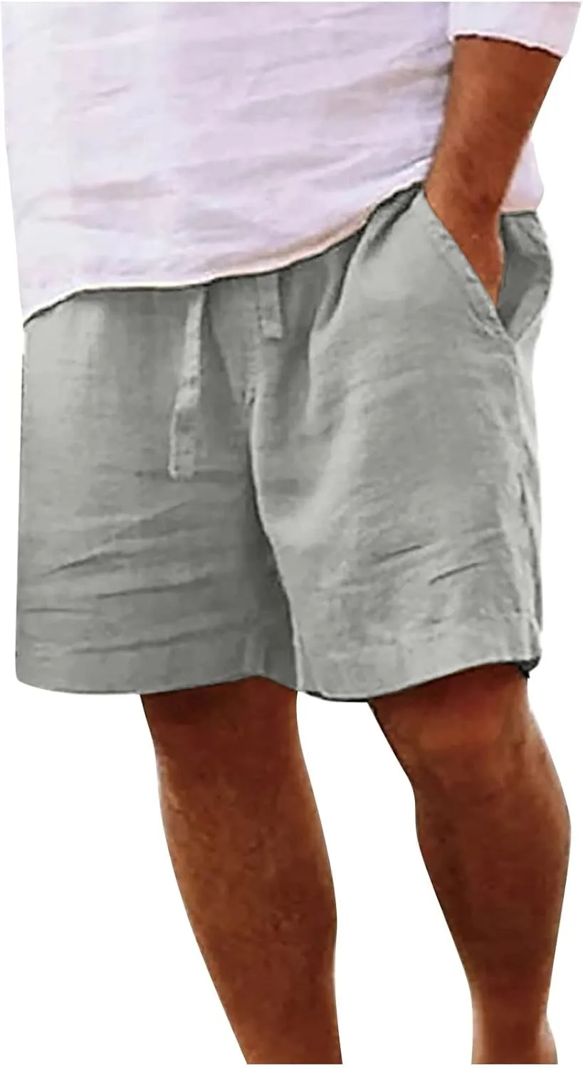 Muscularfit Men's Big & Tall Casual Drawstring Cotton Linen Shorts with Pockets - Regular Fit Stretch Work & Beach Shorts