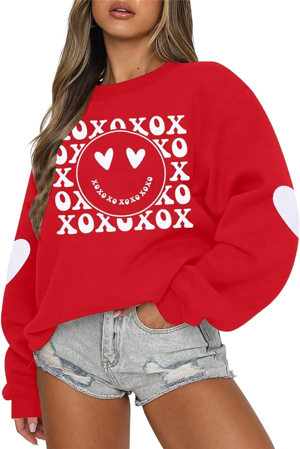 MYHALF Valentines Sweatshirt Women Valentine Shirts: Oversized Embroidered Crewneck Tops Holiday Long Sleeve Outfits