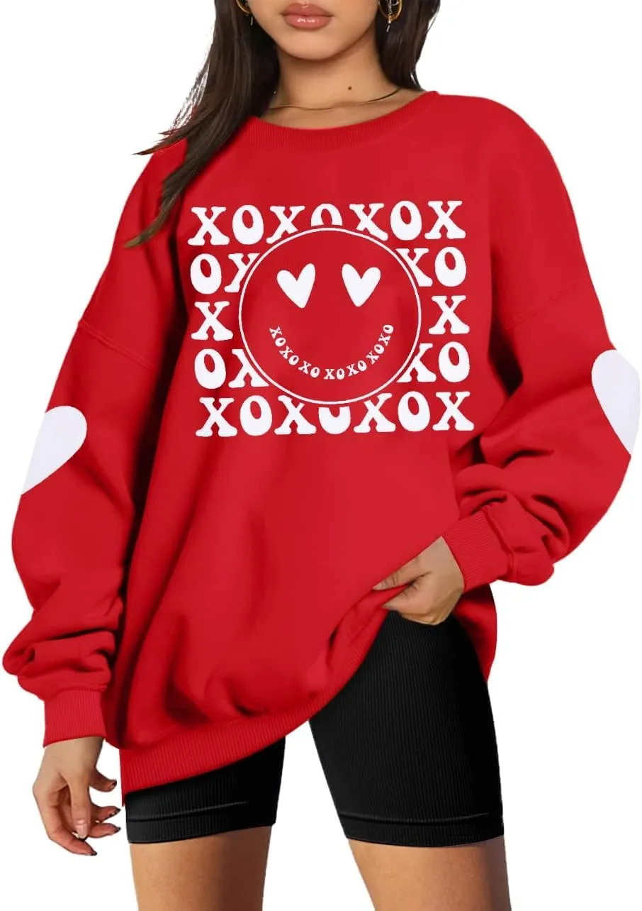 MYHALF Valentines Sweatshirt Women Valentine Shirts: Oversized Embroidered Crewneck Tops Holiday Long Sleeve Outfits