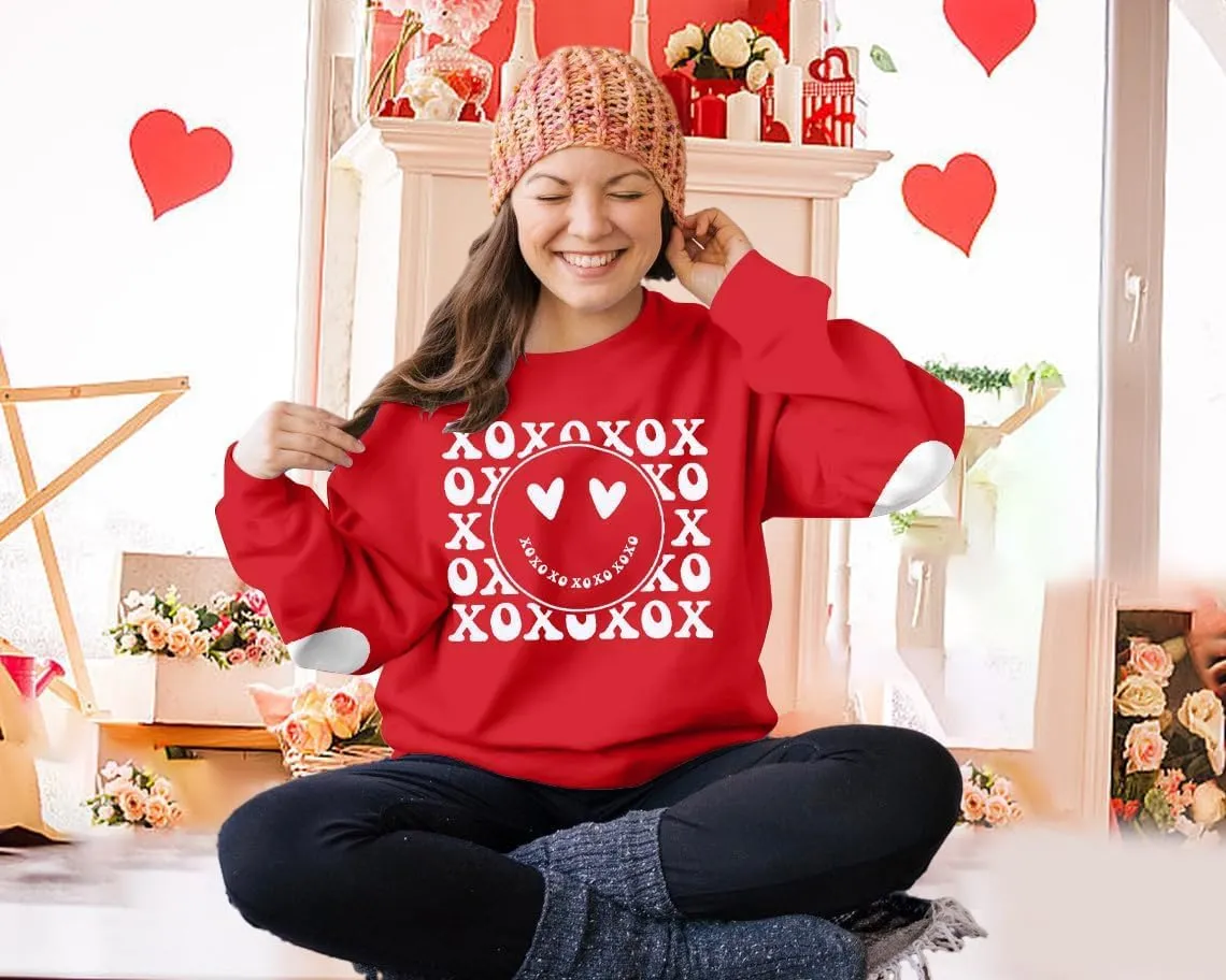 MYHALF Valentines Sweatshirt Women Valentine Shirts: Oversized Embroidered Crewneck Tops Holiday Long Sleeve Outfits