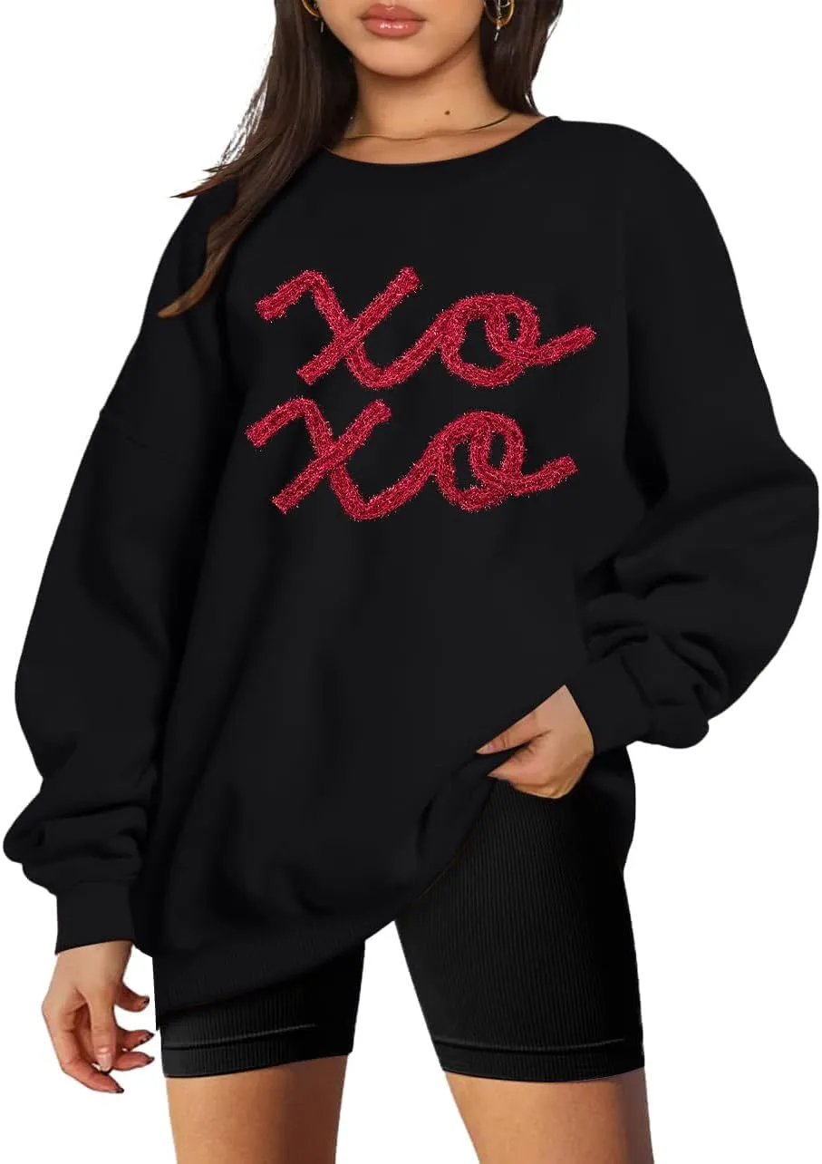 MYHALF Valentines Sweatshirt Women Valentine Shirts: Oversized Embroidered Crewneck Tops Holiday Long Sleeve Outfits