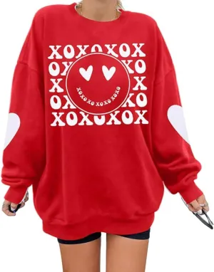 MYHALF Valentines Sweatshirt Women Valentine Shirts: Oversized Embroidered Crewneck Tops Holiday Long Sleeve Outfits