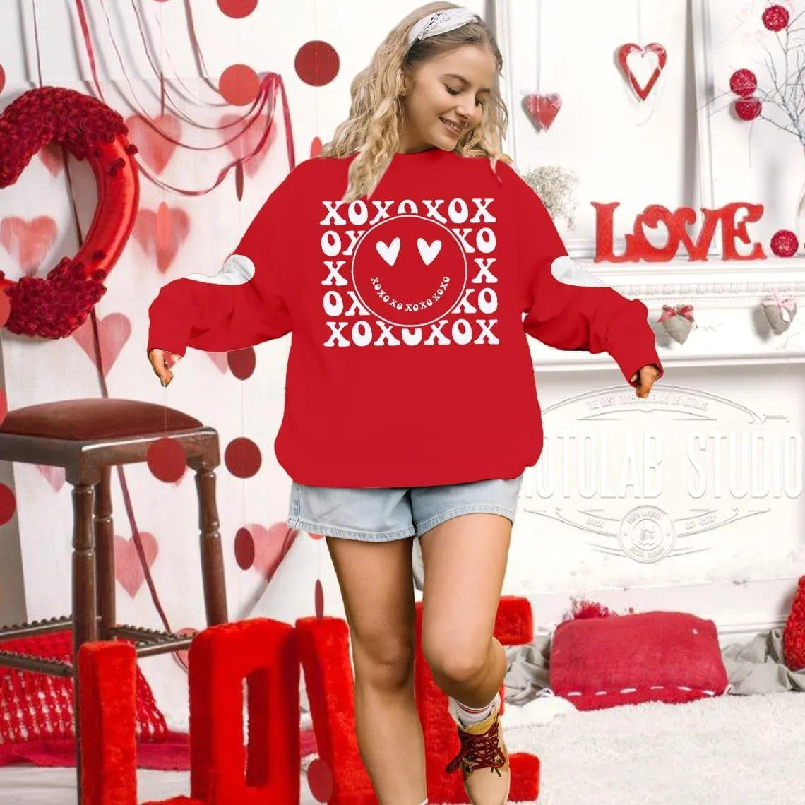 MYHALF Valentines Sweatshirt Women Valentine Shirts: Oversized Embroidered Crewneck Tops Holiday Long Sleeve Outfits