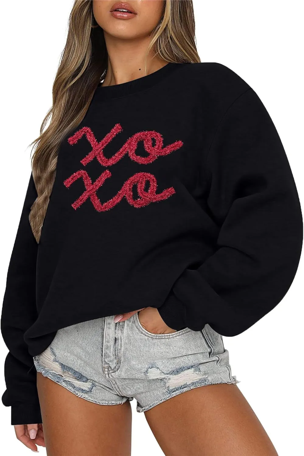 MYHALF Valentines Sweatshirt Women Valentine Shirts: Oversized Embroidered Crewneck Tops Holiday Long Sleeve Outfits