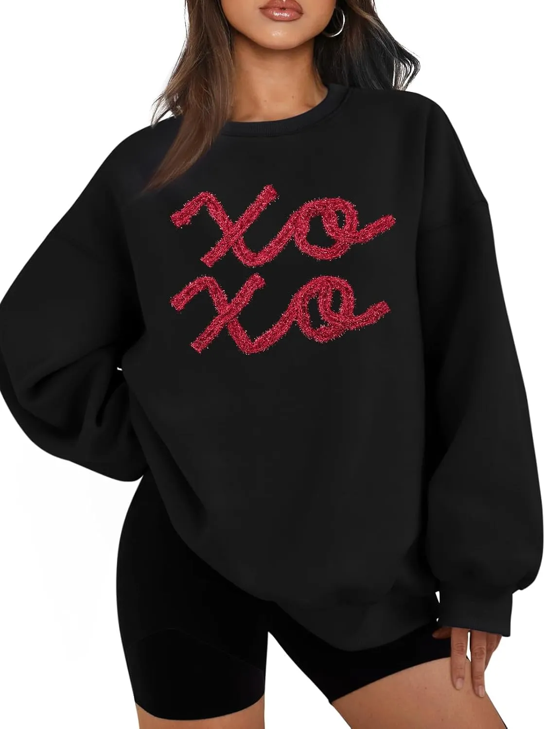 MYHALF Valentines Sweatshirt Women Valentine Shirts: Oversized Embroidered Crewneck Tops Holiday Long Sleeve Outfits