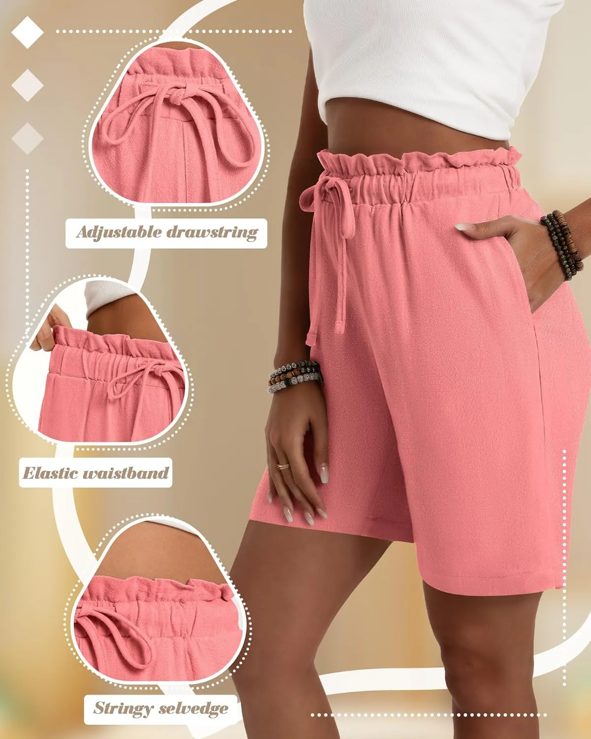 Neer 3 Pack Women's Linen Bermuda Shorts Summer Wide Leg Cotton Casual High Waist Drawstring Mid Length Shorts with Pockets