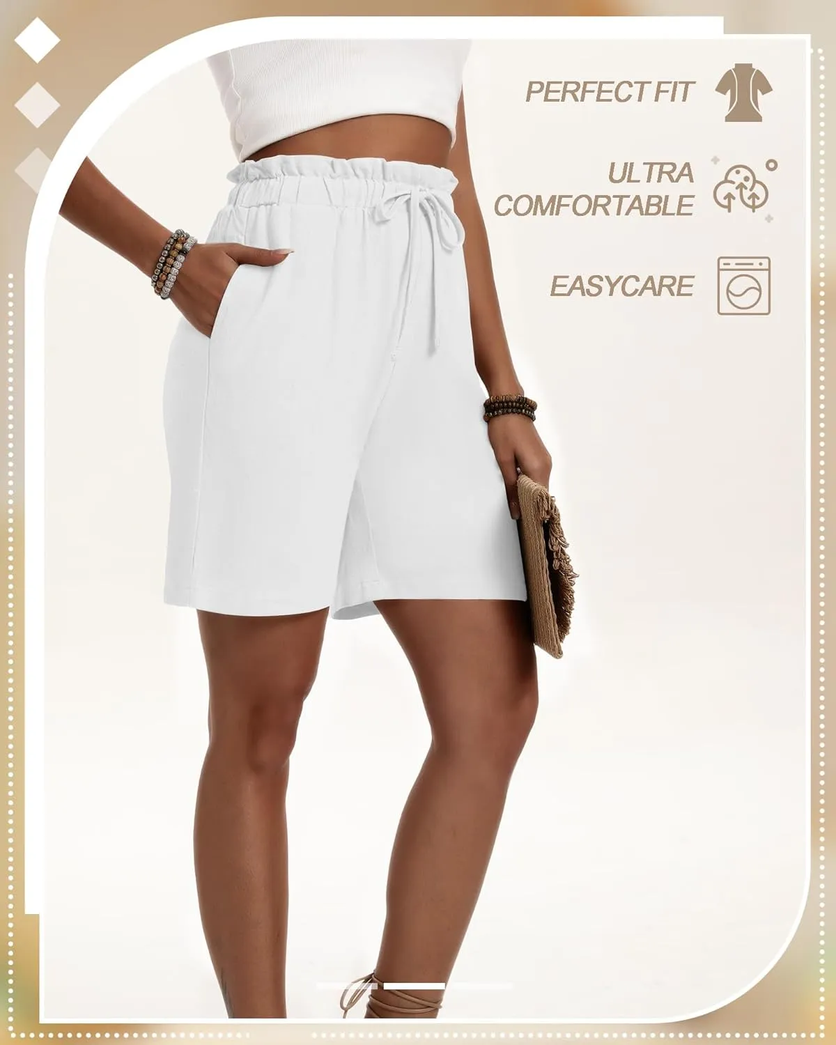 Neer 3 Pack Women's Linen Bermuda Shorts Summer Wide Leg Cotton Casual High Waist Drawstring Mid Length Shorts with Pockets