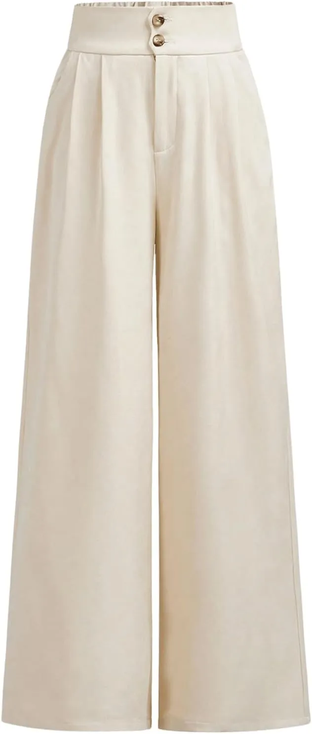 OYOANGLE Girl's Button Down Elastic High Waist Wide Leg Pants Casual Solid Trousers with Pockets