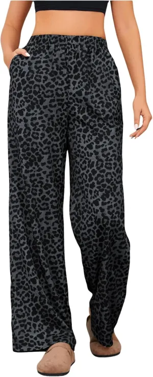 OYOANGLE Women's Leopard Print Elastic High Waist Long Pants Wide Leg Loose Trousers with Pockets