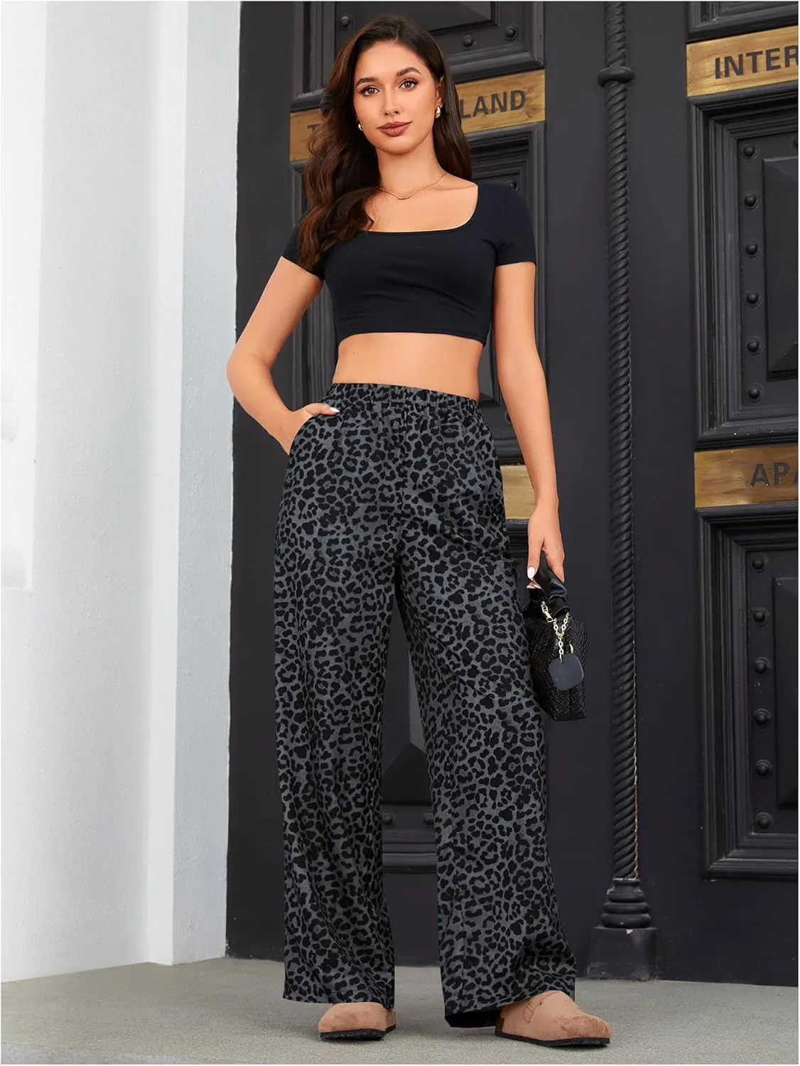 OYOANGLE Women's Leopard Print Elastic High Waist Long Pants Wide Leg Loose Trousers with Pockets