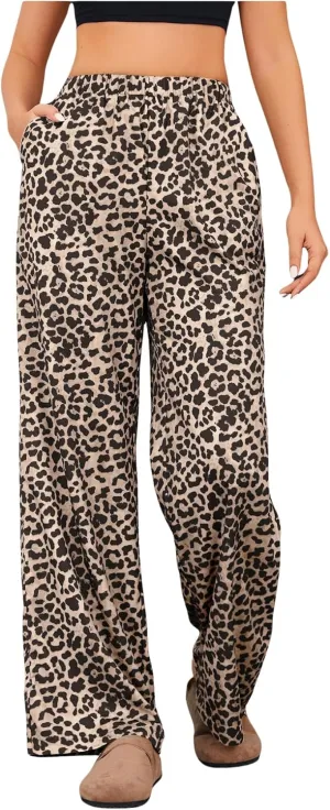 OYOANGLE Women's Leopard Print Elastic High Waist Long Pants Wide Leg Loose Trousers with Pockets