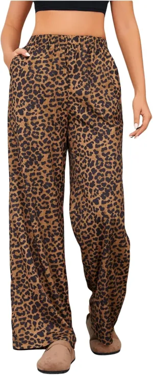 OYOANGLE Women's Leopard Print Elastic High Waist Long Pants Wide Leg Loose Trousers with Pockets