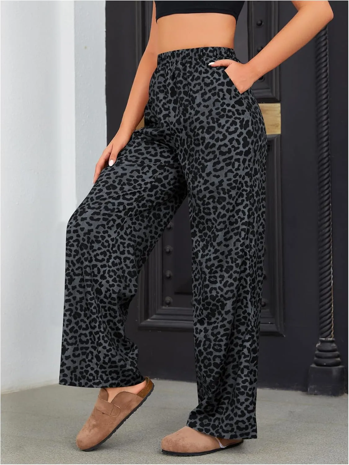 OYOANGLE Women's Leopard Print Elastic High Waist Long Pants Wide Leg Loose Trousers with Pockets