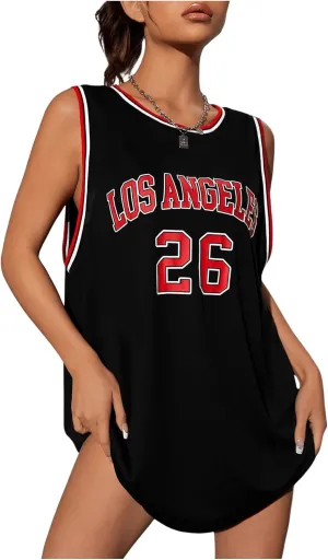 OYOANGLE Women's Letter Graphic Oversized Jersey Tank Dress