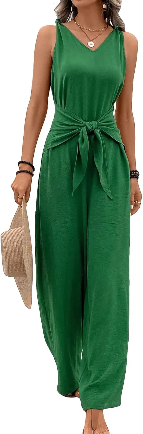 OYOANGLE Women's V Neck Sleeveless Tie Shoulder Belted Zipper Wide Leg Pants Jumpsuit