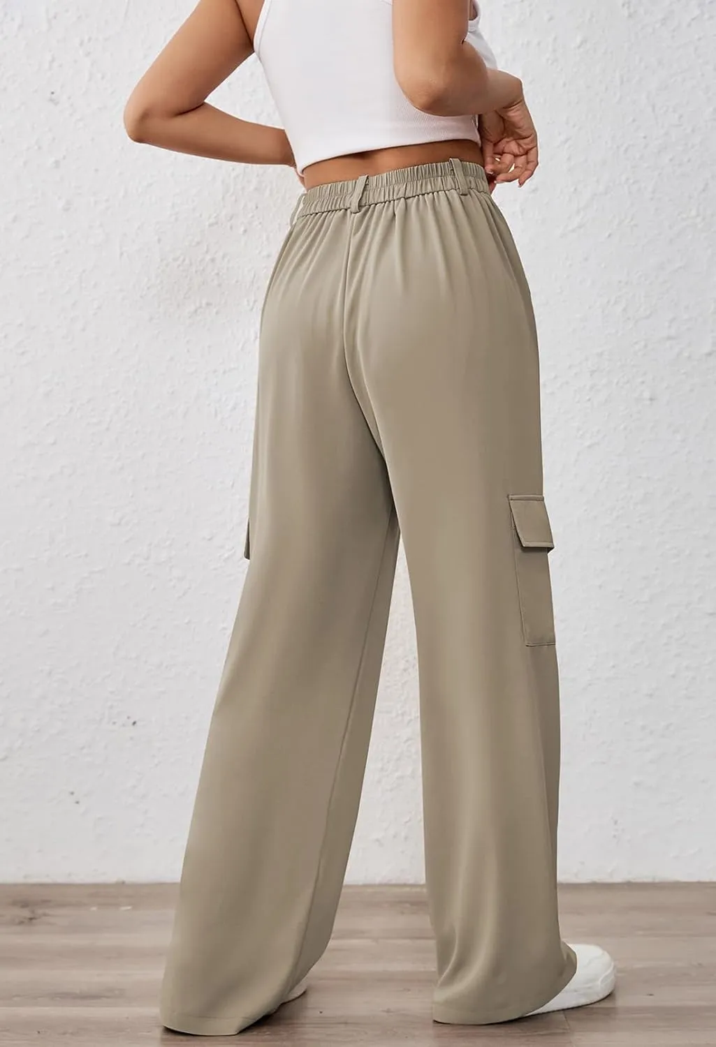 Pink Queen Women High Waisted Wide Leg Cargo Pants Button Down Loose Casual Trendy Work Trousers with 4 Pockets
