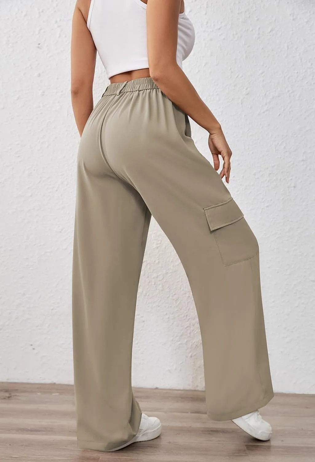 Pink Queen Women High Waisted Wide Leg Cargo Pants Button Down Loose Casual Trendy Work Trousers with 4 Pockets
