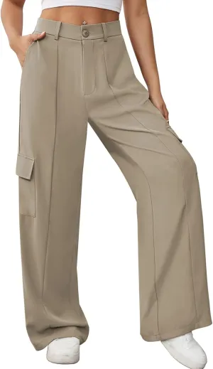 Pink Queen Women High Waisted Wide Leg Cargo Pants Button Down Loose Casual Trendy Work Trousers with 4 Pockets