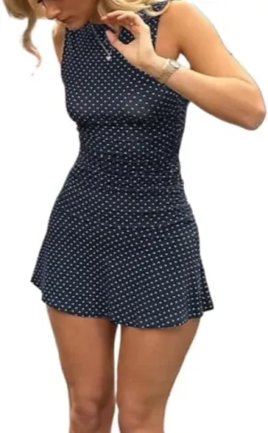Polka Dot Mini Dress for Women Sleeveless Round Neck Bodycon Flared Hem Casual Summer Outfit 2025