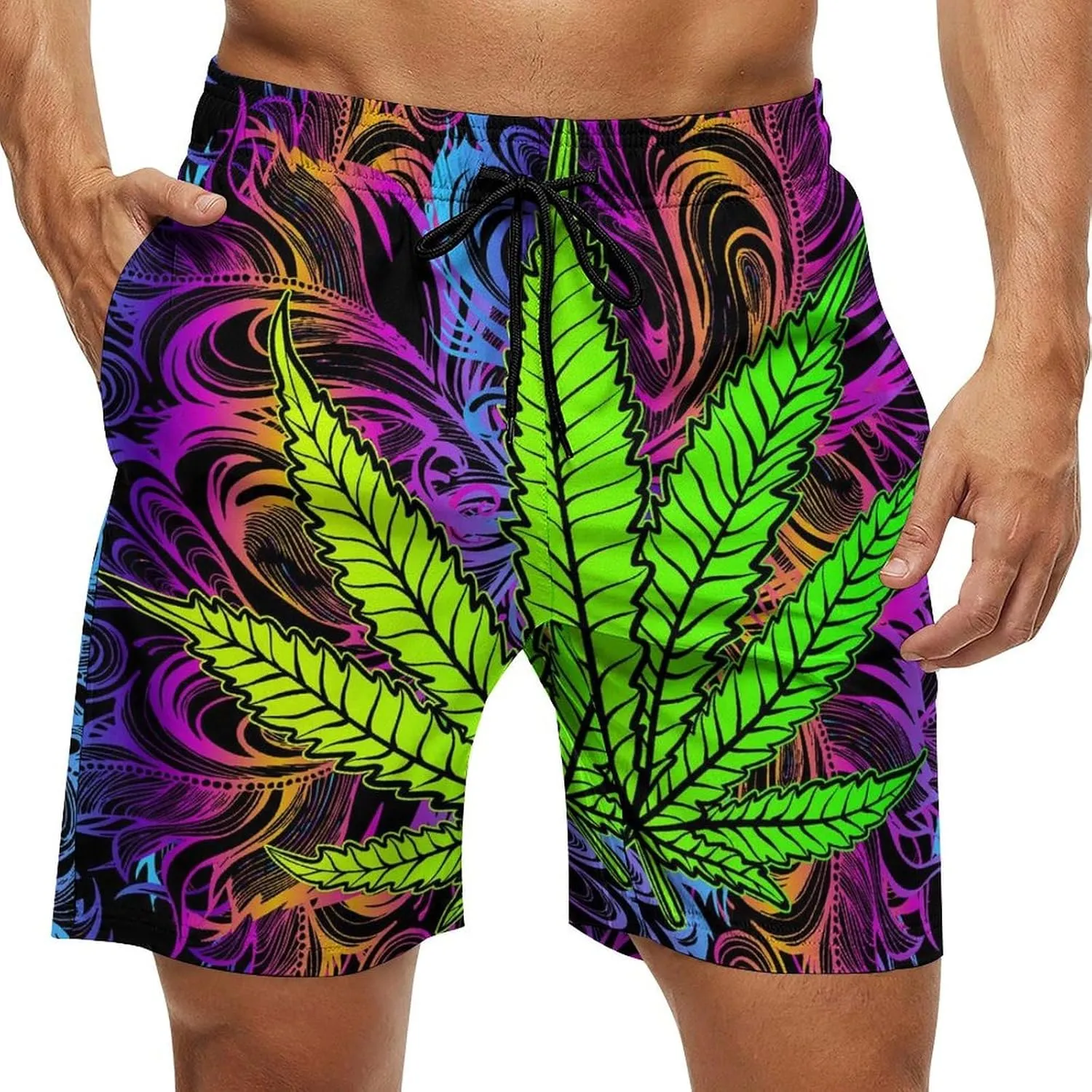 Psychedelic Weed Leaf Men's Swim Trunks Quick Dry Bathing Suit Swimming Shorts Beach Swimwear
