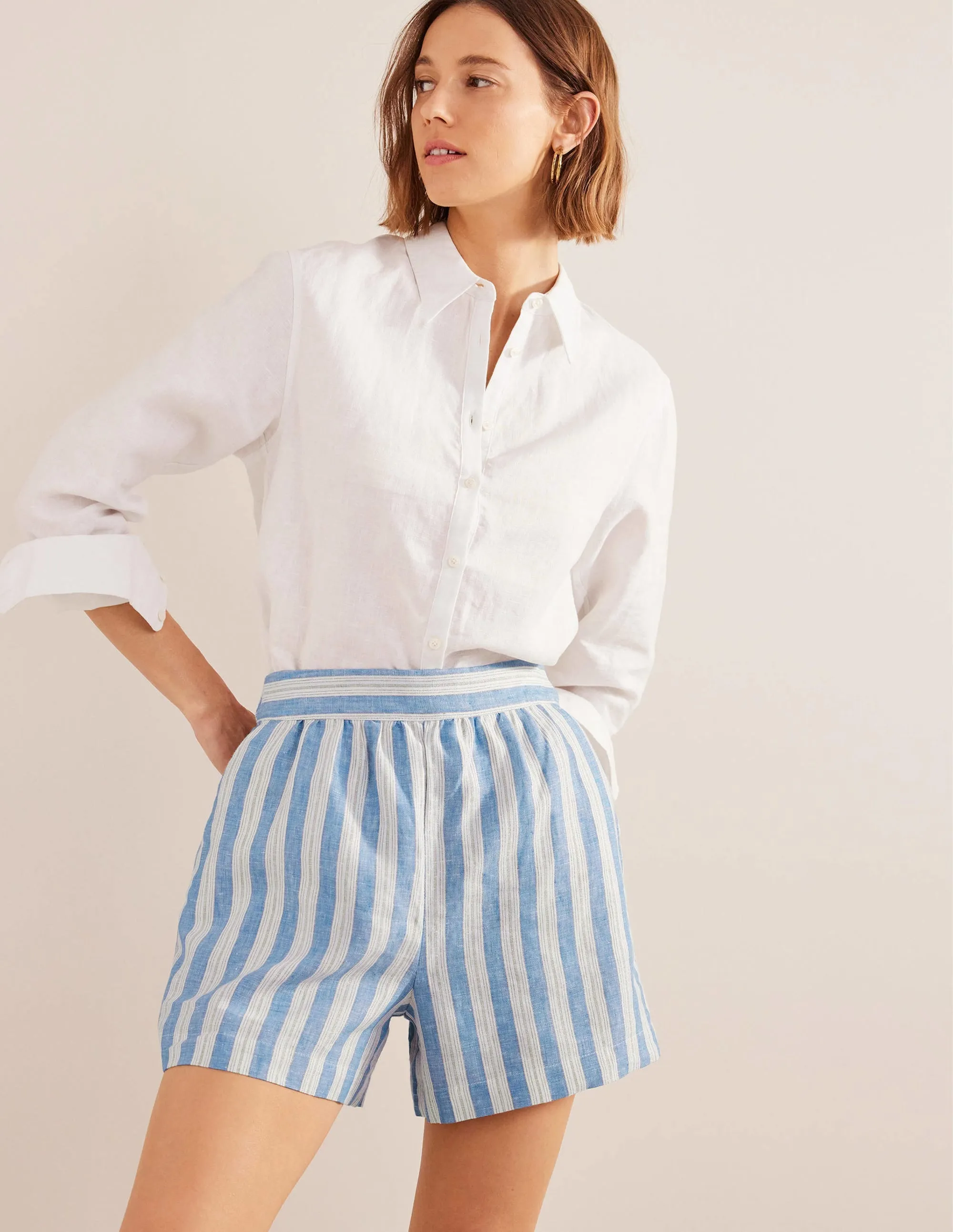 Pull-on Linen Shorts-Porcelain Blue, Sparkle Stripe