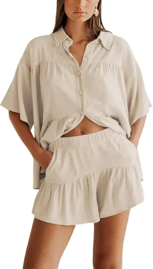 Qiaomai Womens 2 Piece Outfits Summer Ruffled Shirt and High Waist Shorts Matching Set