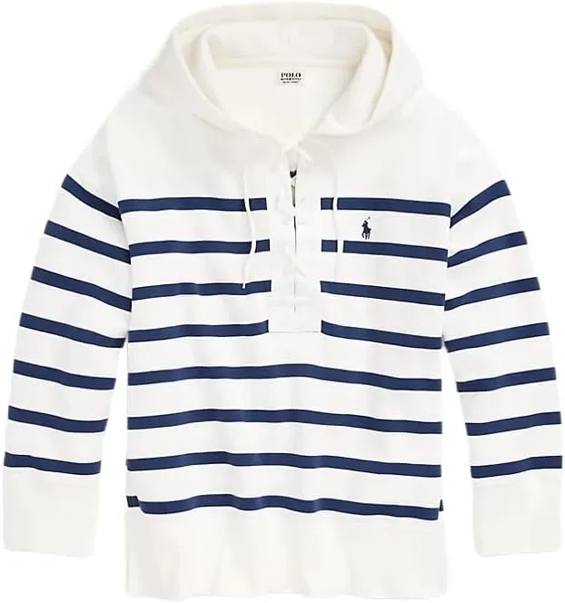 Ralph Lauren Polo Women's Striped Oversize Lace-Up Fleece Hoodie, White/Blue, XS,Small