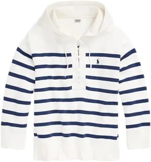Ralph Lauren Polo Women's Striped Oversize Lace-Up Fleece Hoodie, White/Blue, XS,Small