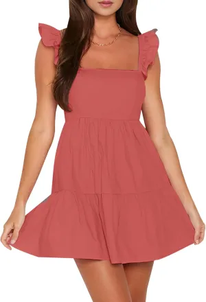 Relipop Women Casual Mini Dress with Pocket Frill Tiered Short Dresses Square Neck Ruffle Sleeve Sundress A Line Summer Dress