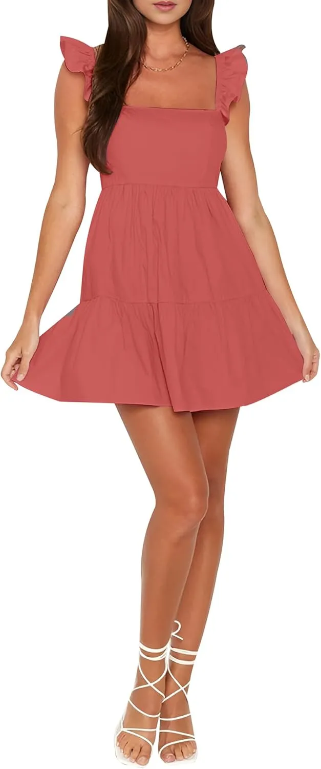 Relipop Women Casual Mini Dress with Pocket Frill Tiered Short Dresses Square Neck Ruffle Sleeve Sundress A Line Summer Dress