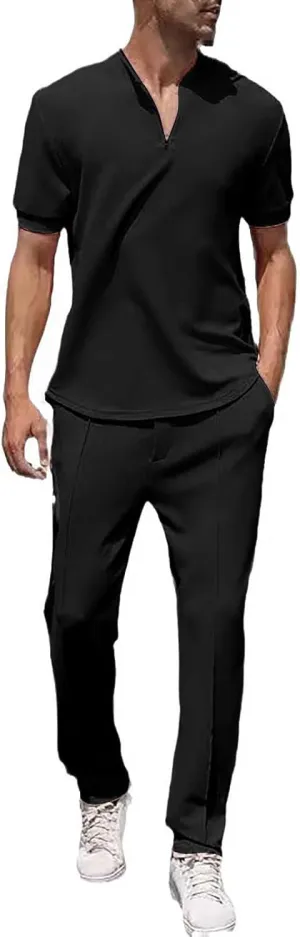 Resort Wear Linen Sets for Men Short Sleeve Quarter Zip Casual Shirts and Drawstrings Long Pants Baggy Beach Yoga Outfits