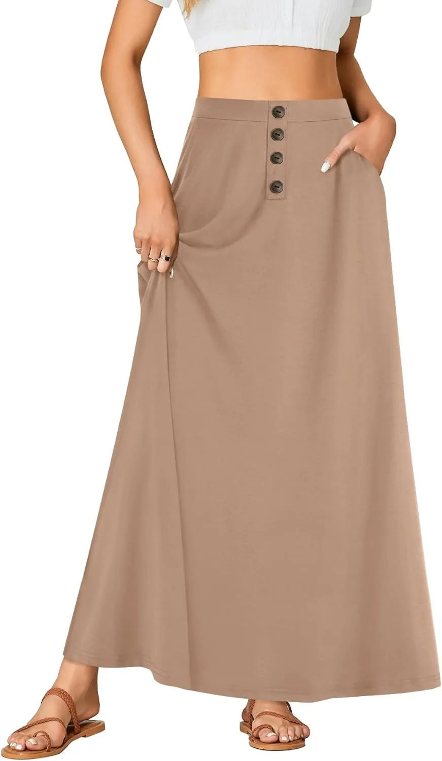 Rooscier Women's High Waist Button Front A-Line Long Maxi Skirt with Pockets